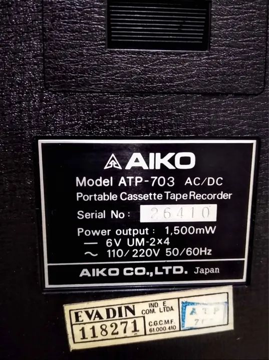 Gravador Fita Cassete/K7 Aiko ATP-703 Novo, Na Caixa, Nota Fiscal