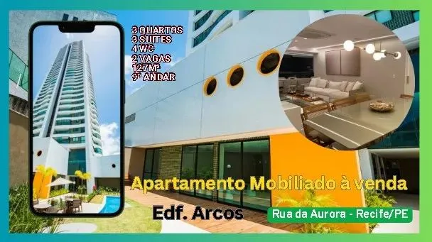 Apartamento Mobiliado à venda no Edf Arcos, Rua da Aurora - Recife/PE 3 quartos sendo 3 su