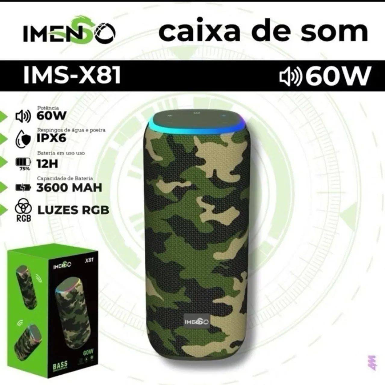 Caixa de Som Bluetooth Imenso IMS-X81 60W Impermeável
