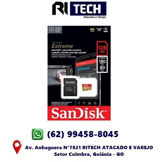 Cartão Memória Micro Sd Sandisk 128gb Microsd Extreme 190mbs Camera Celular