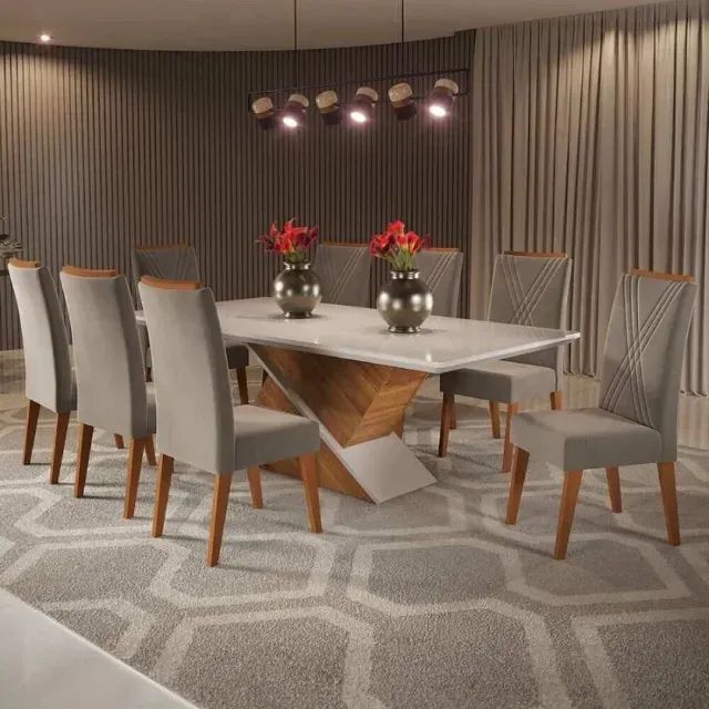 Mesa para Sala de Jantar com Tampo em Vidro e 8 Cadeiras