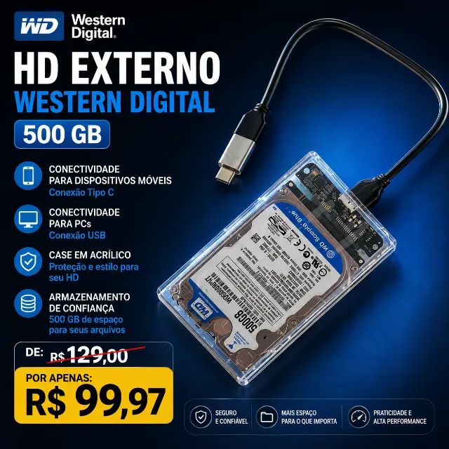 HD EXTERNO WESTERN DIGITAL 500 GB COM CASE
