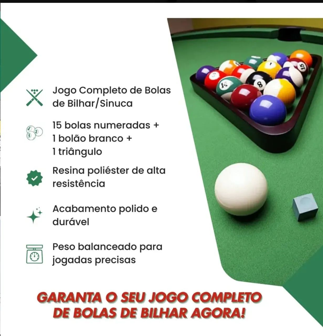 Kit Jogo Bolas Sinuca 54mm Com Bola Branca 58mm E Triângulo - Foto 3