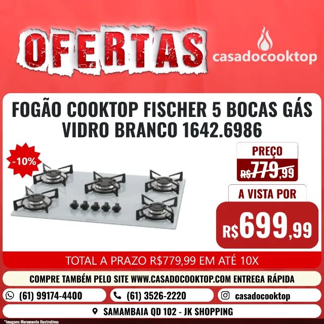 FOGÃO COOKTOP FISCHER 5 BOCAS GÁS VIDRO BRANCO 1642.6986