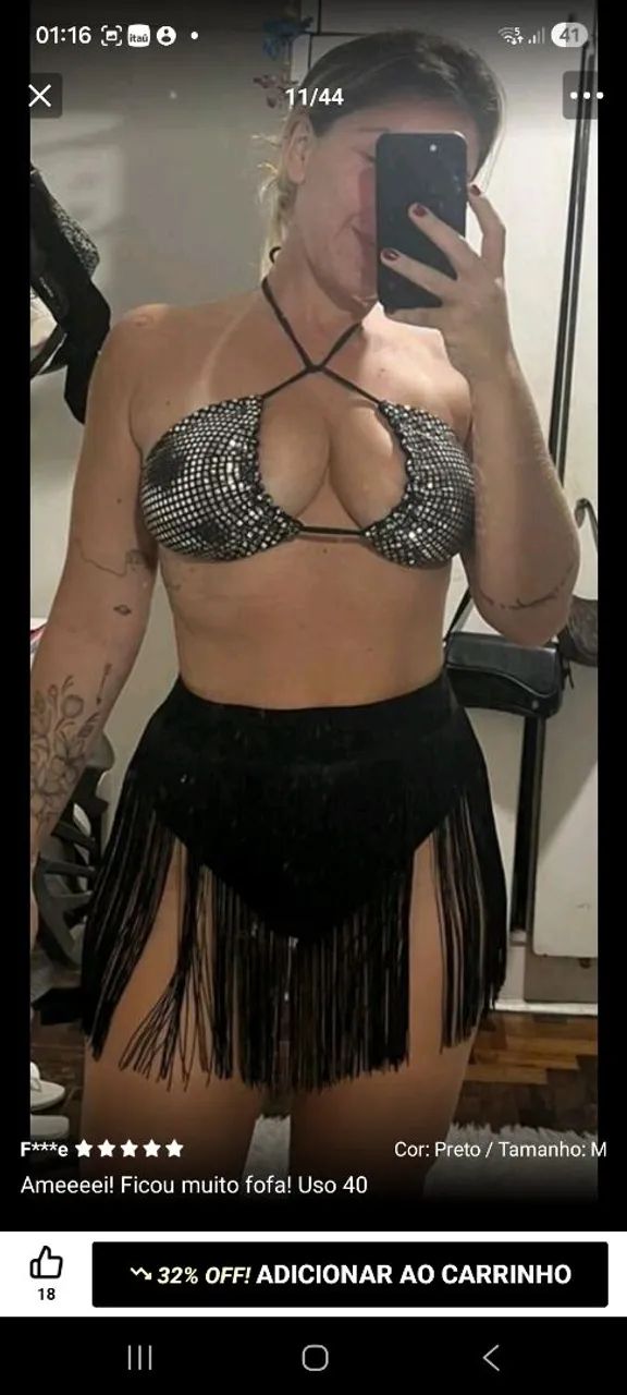 Saia franja preta, branca e prata.
