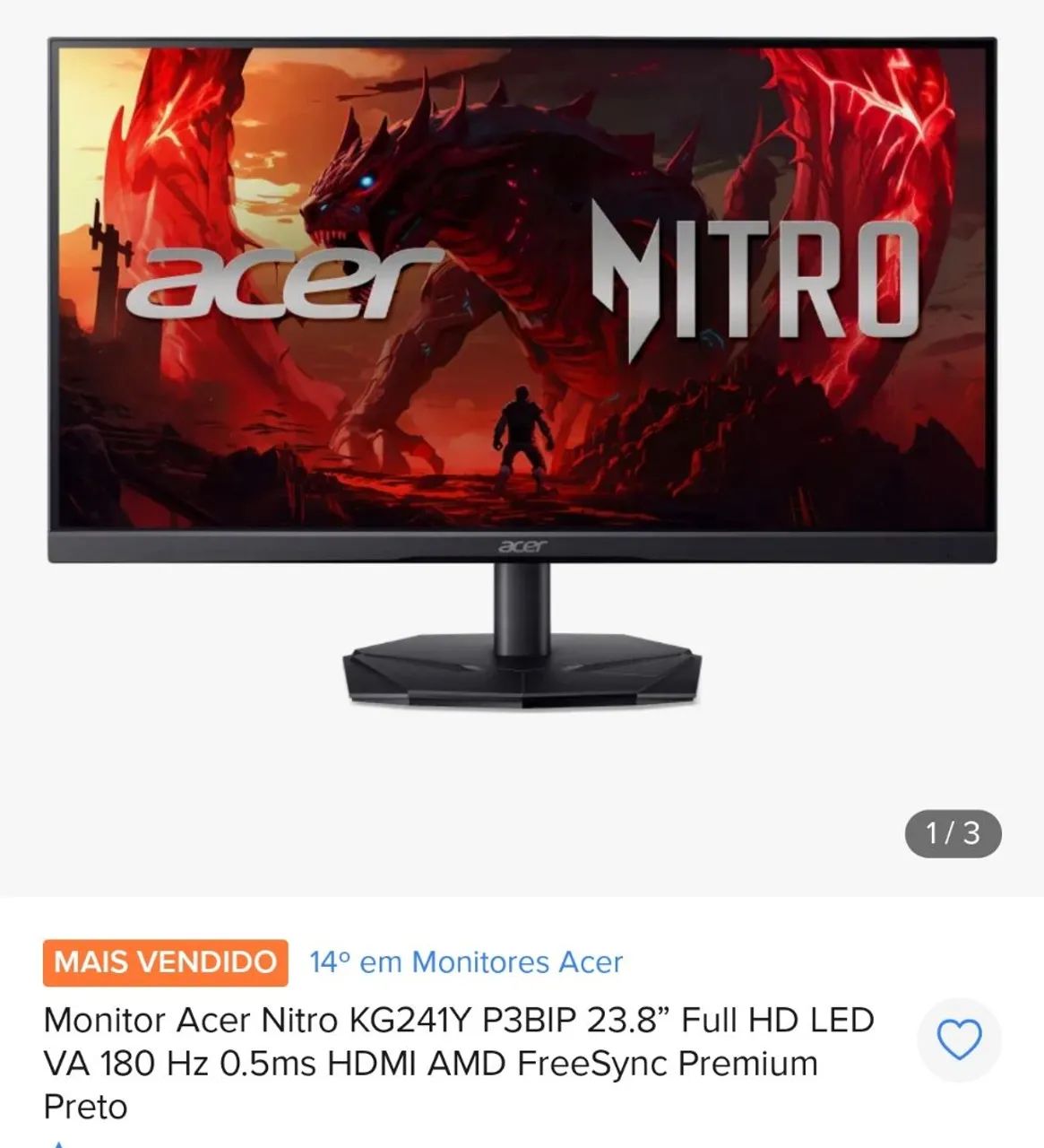 Monitor Acer nitro 180hz menos de um ano de uso