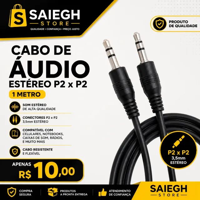 CABO P2 x P2 1 METRO - IDEAL PARA CELULAR, SOM E NOTEBOOK