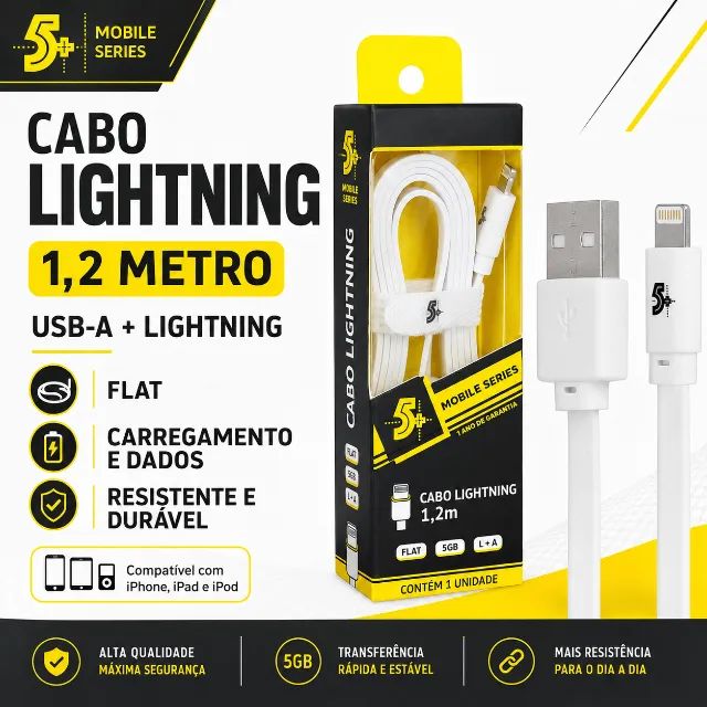 Cabo Lightning USB-A Macho Flat 1,20m Para iPhone iPad Branco Mobile Carregamento e Dados