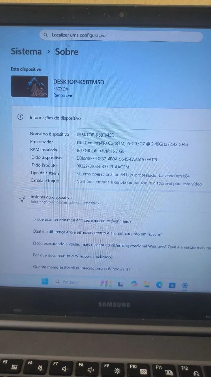 Samsung Book NP550XDA - Core i5 11 ger. SSD 256GB e 16GB RAM windows 11 - Ótimo Estado - Foto 5