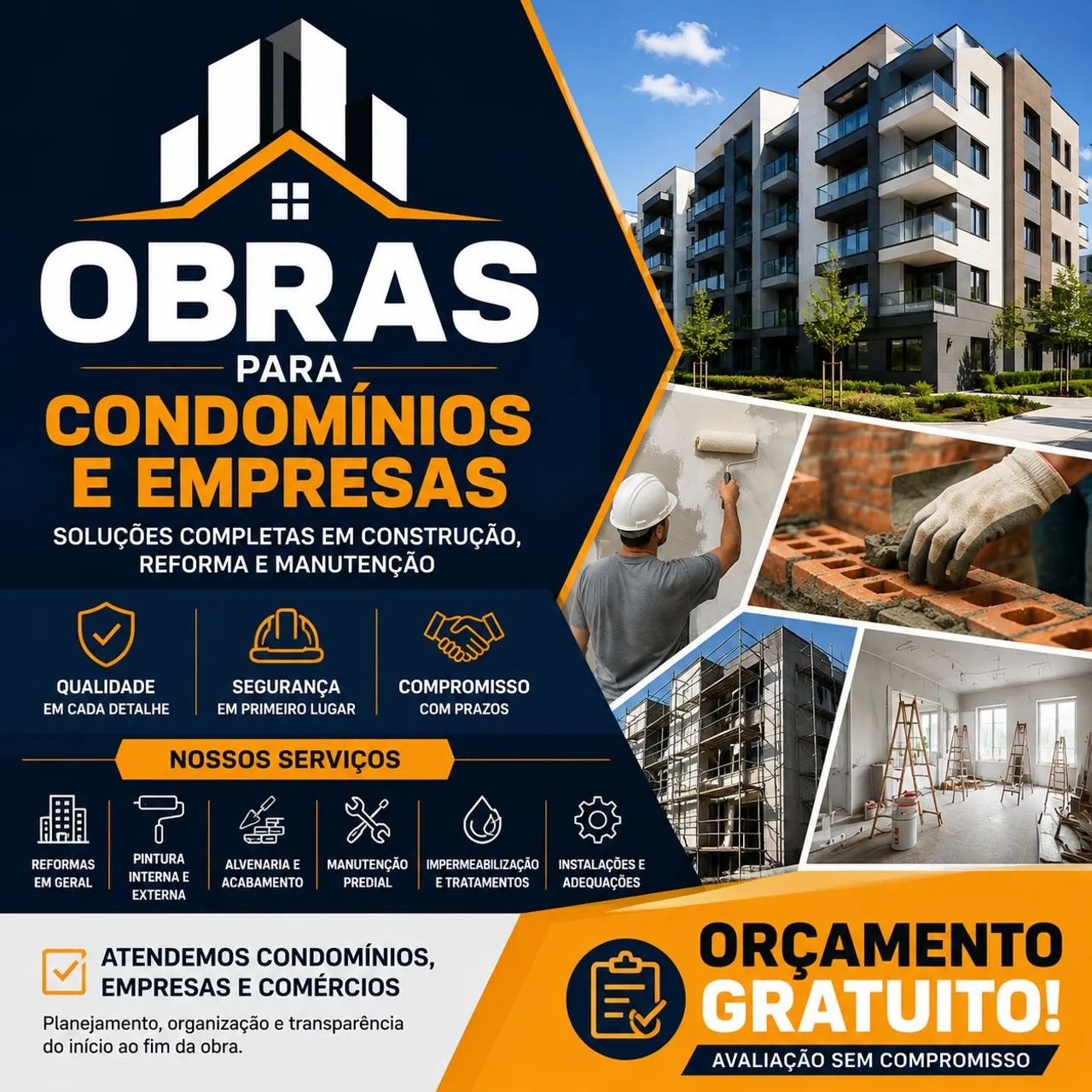 Serviços de obras e reformas para condomínios e empresas.