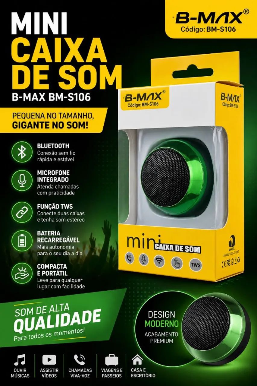 Mini Caixa de Som Bluetooth B-MAX BM-S106 com TWS e Microfone - Nova
