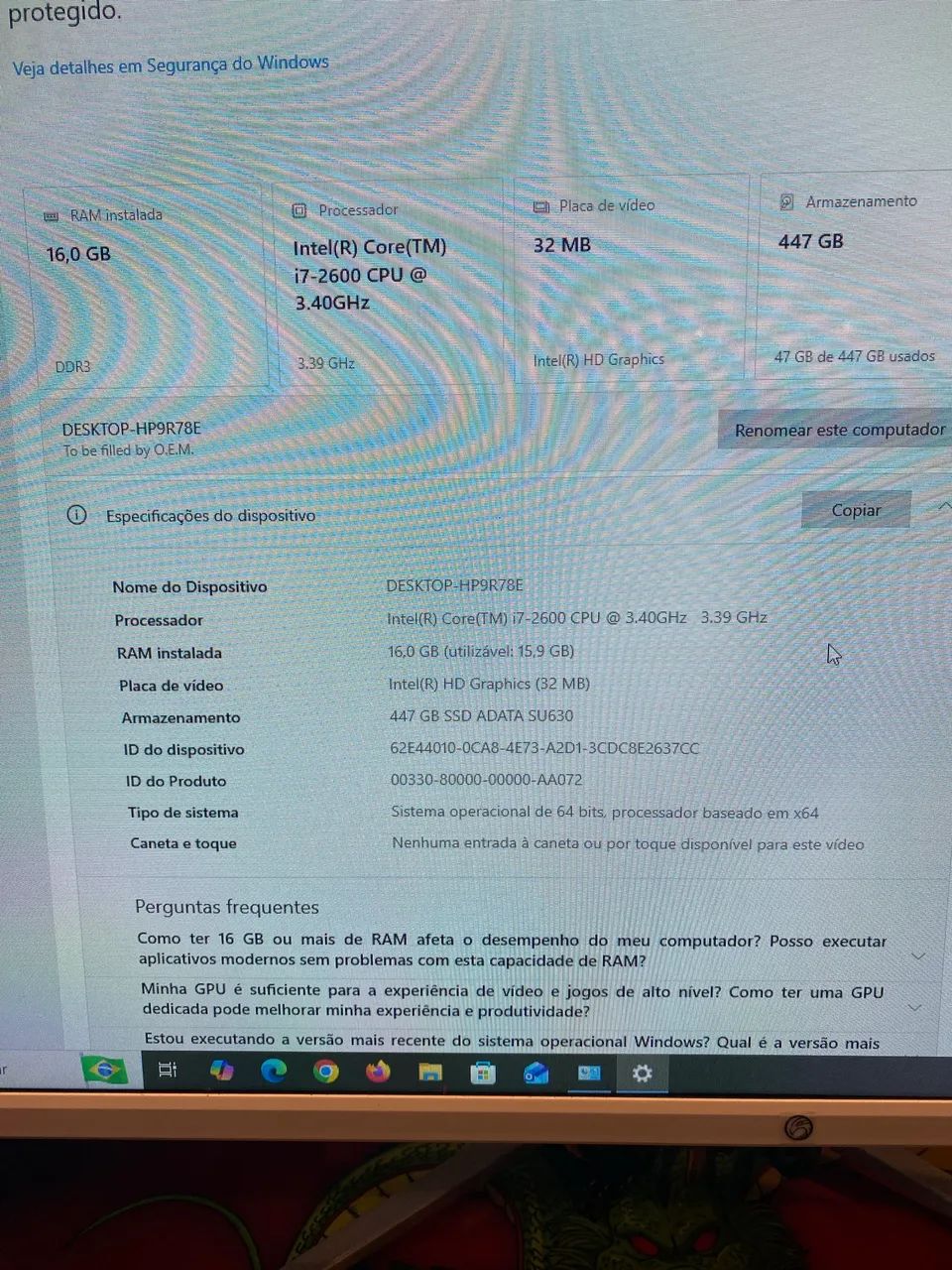 Vendo computador I7 2600 / 16Gb memória / Ssd 480Gb/ Fonte 350W