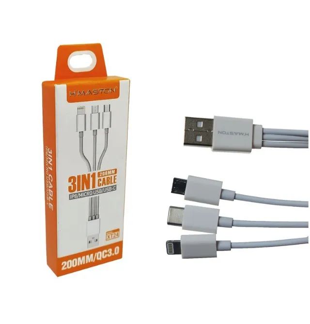 Cabo Usb 3 em 1 para V8 Tipo C e iOS