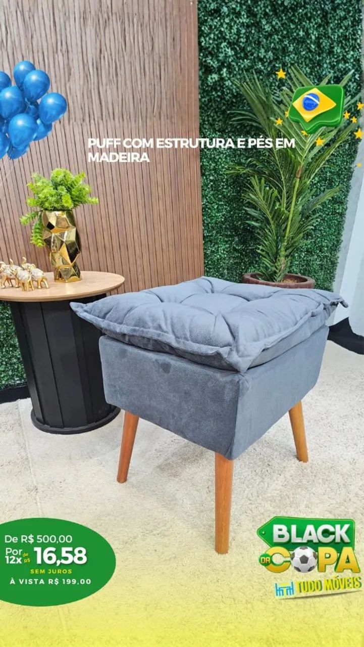 PUFF COM ESTRUTURA E PÉS EM MADEIRA MACIÇA 