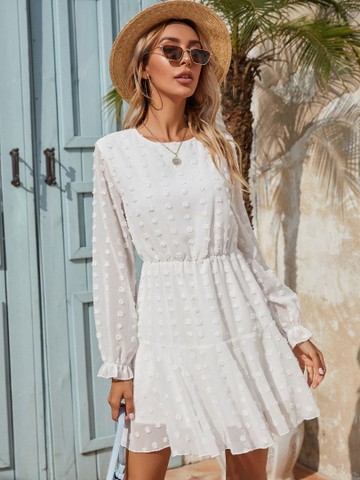 Vestido Elegante Tecido Chiffon Poá Romântico Branco