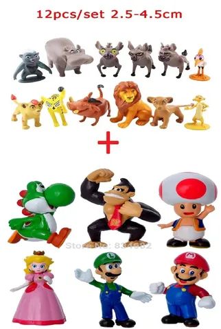 Combo: 01 Kit c/ 12 Miniaturas Turma Rei Leão + 01 Kit c/ 06 Bonecos Turma Mario Bros