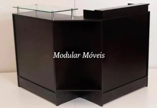 Balcão Caixa em L + Balcão com Tampo de Vidro - MDF Preto - Foto 2