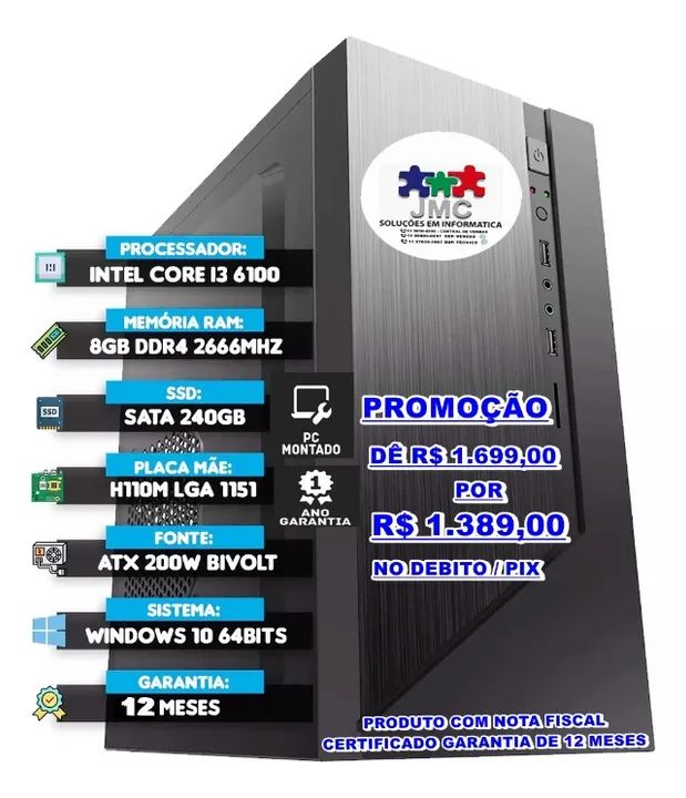 cpu_intel core I3 mod: (6ª geração)+08gb+ssd240GB+win10+Office+antivirus 