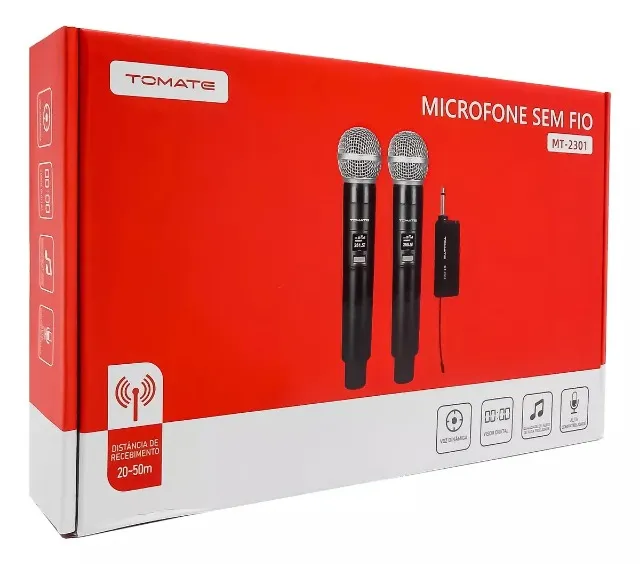 Microfone Dinâmico Duplo Sem Fio Profissional MT-2301 Tomate