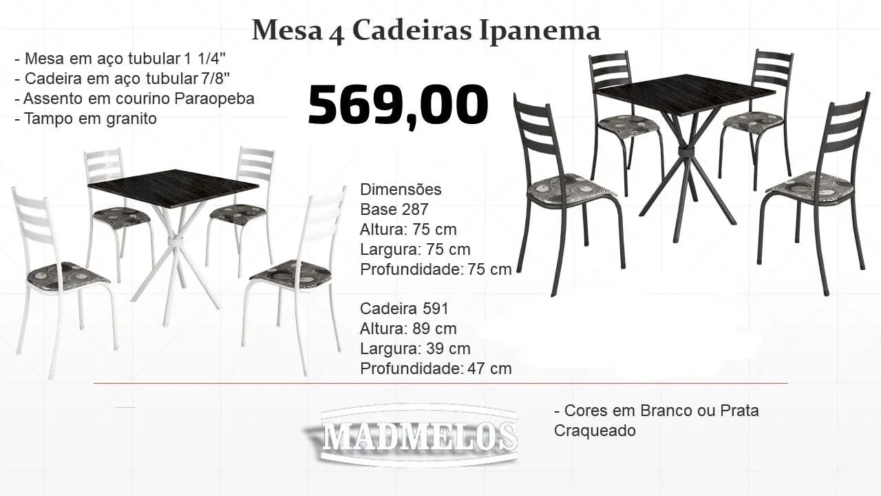 Mesa com 4 cadeiras IPA granito 75x75 ref 61339 - ENTREGA HOJE !!! 