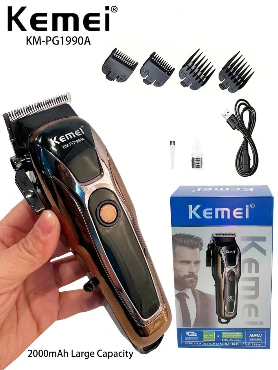 Máquina de Cortar Cabelo Kemei KM-PG1990A com Bateria de Longa Duração