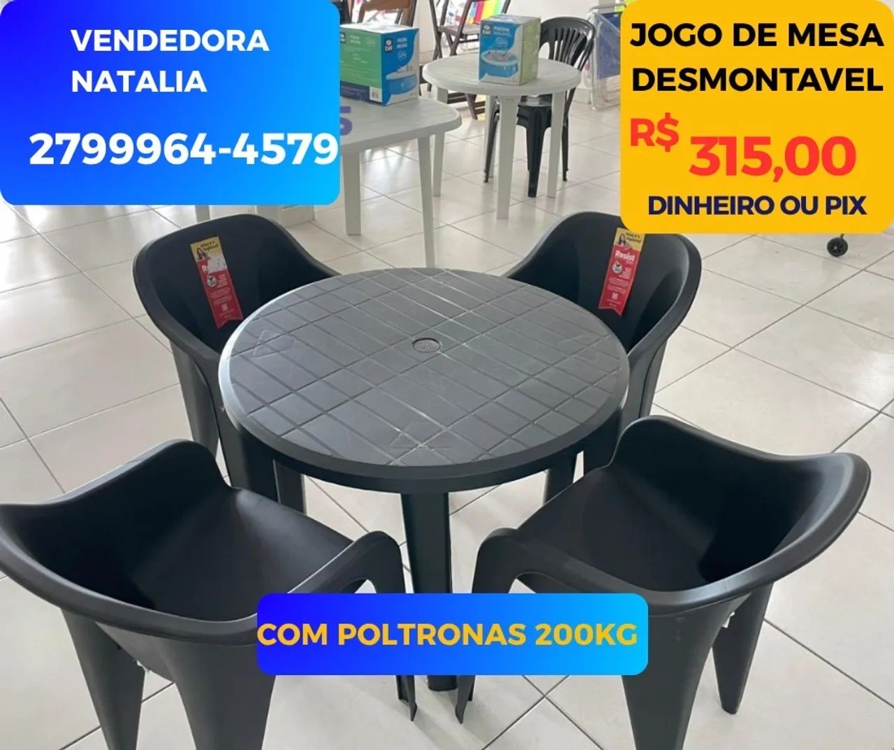 Jogo de mesa plástica com mesa redonda com os pés desmontáveis e poltronas 200kg