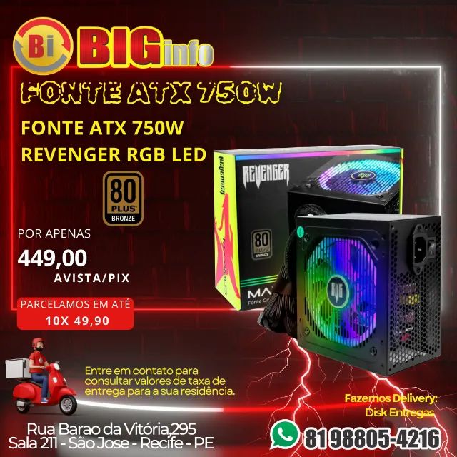 Fonte Atx Modular Pc 750w 80 Plus Gold Com Iluminação Rgb