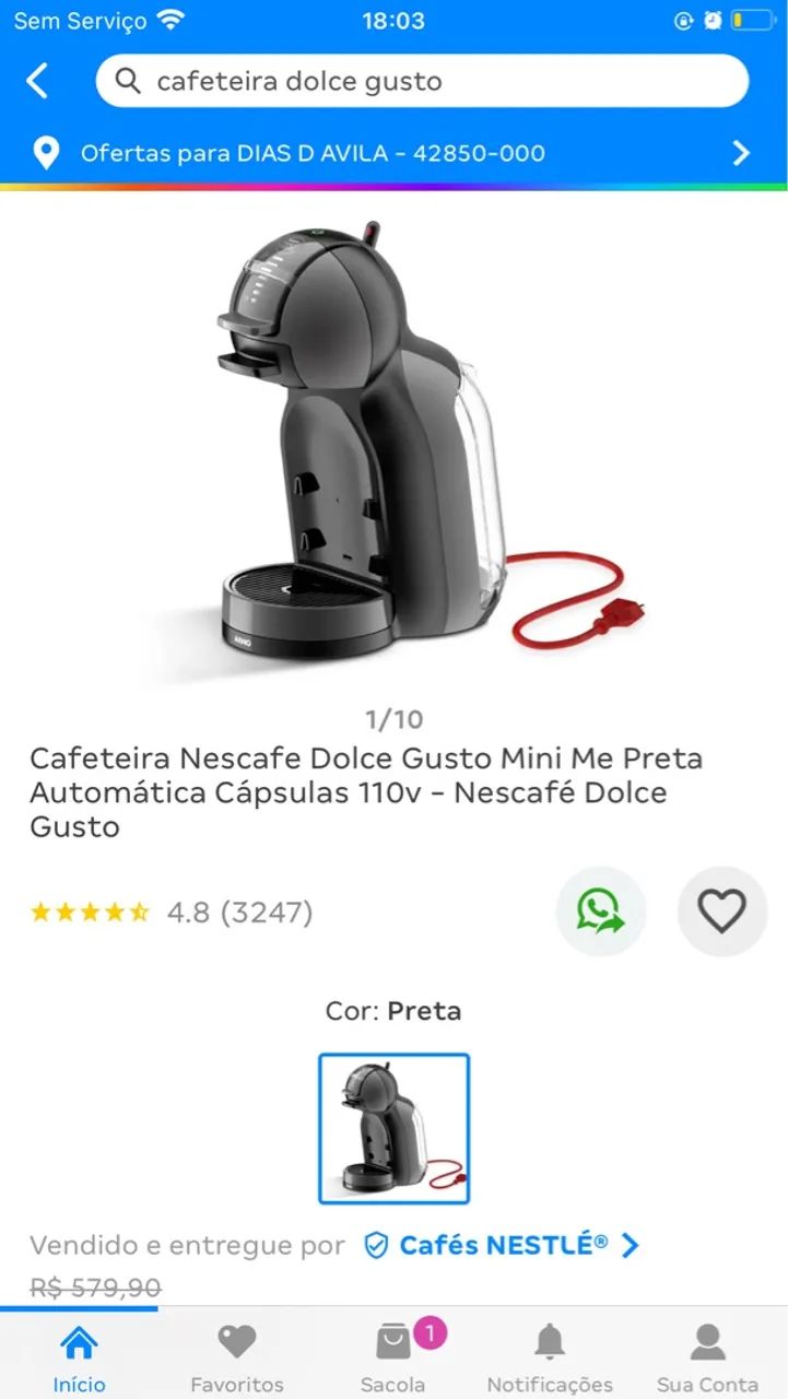 Cafeteira Nescafé Dolce Gusto Mini Me Preta Automática Cápsulas 110v