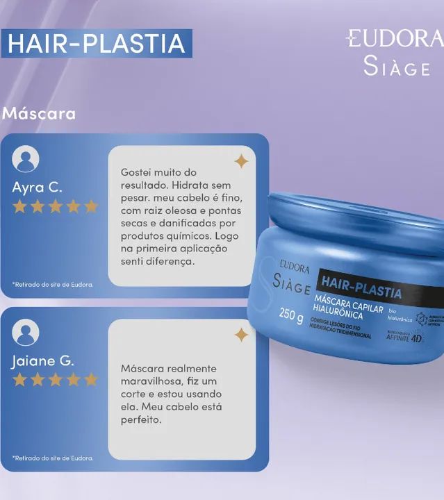Kit Siàge Hair-Plastia Eudora - Shampoo, Condicionador e Máscara - Foto 3