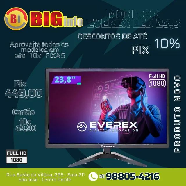 Monitor Led 23,8 Wide EVEREX - Full Hd  - Em ate 10x Fixas 