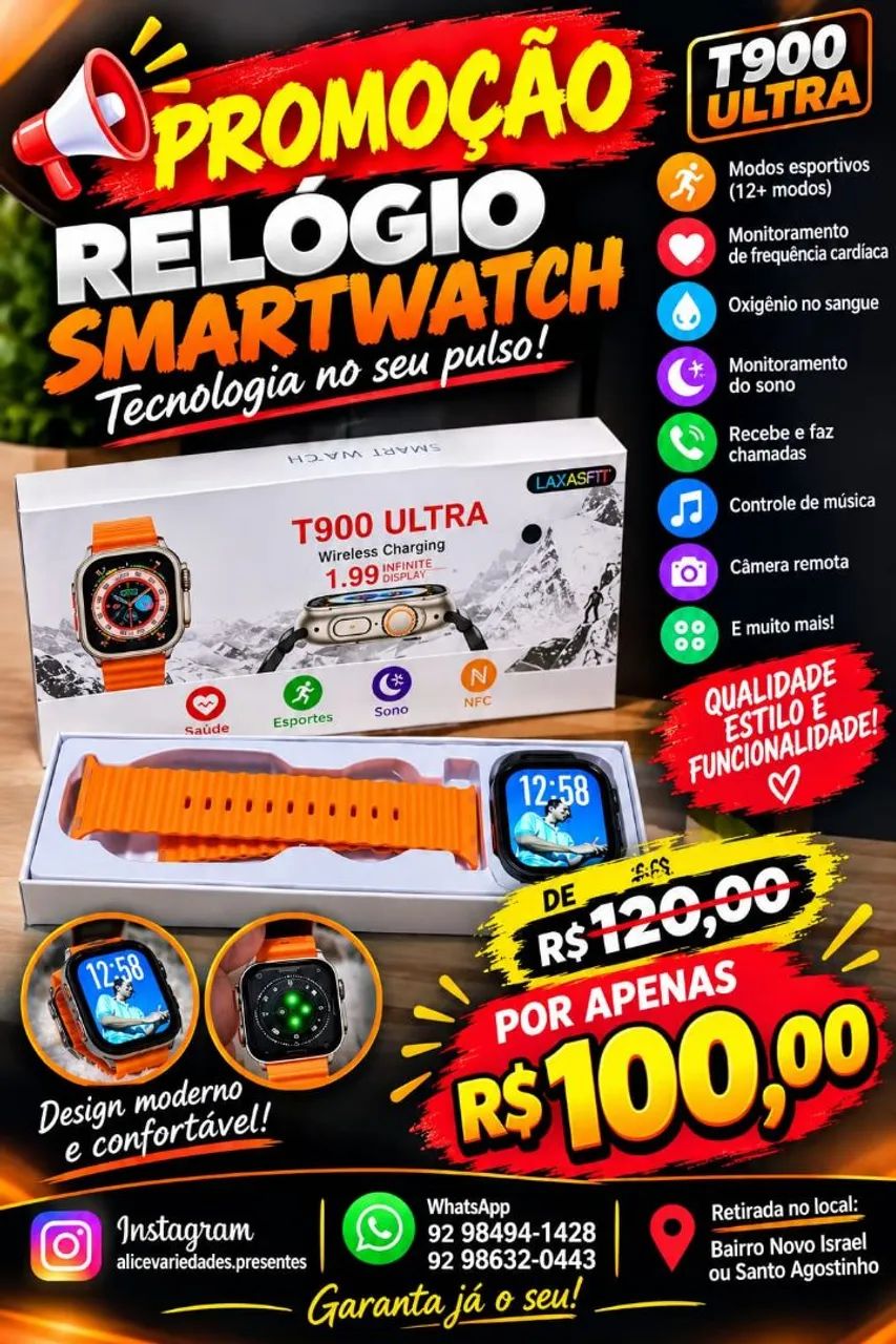 Relógio smartwatch T900 