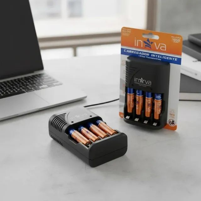 Kit Carregador de Pilhas e Baterias + 4 Pilhas AAA 1050mah