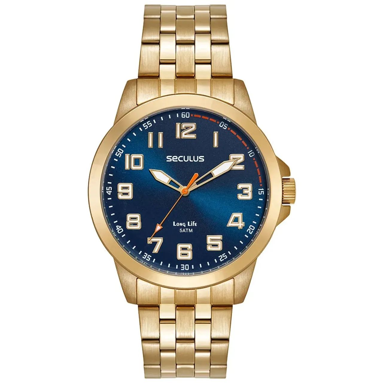 Relógio Seculus masculino dourado em aço fundo azul