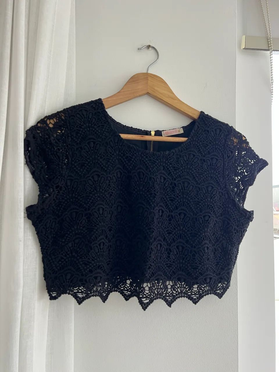 Conjunto Cropped Renda Guipir Preto Tam M - Foto 2