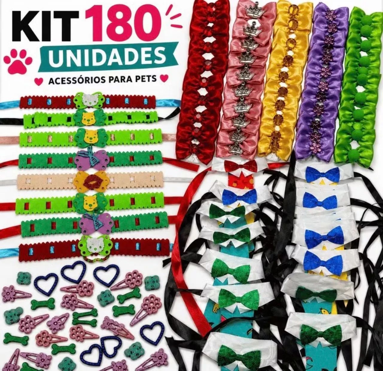 Kit 180 laços para Pets 50 Gargantilhas Premium 50 Laçinhos M 30 Gravatinhas com Gola 50