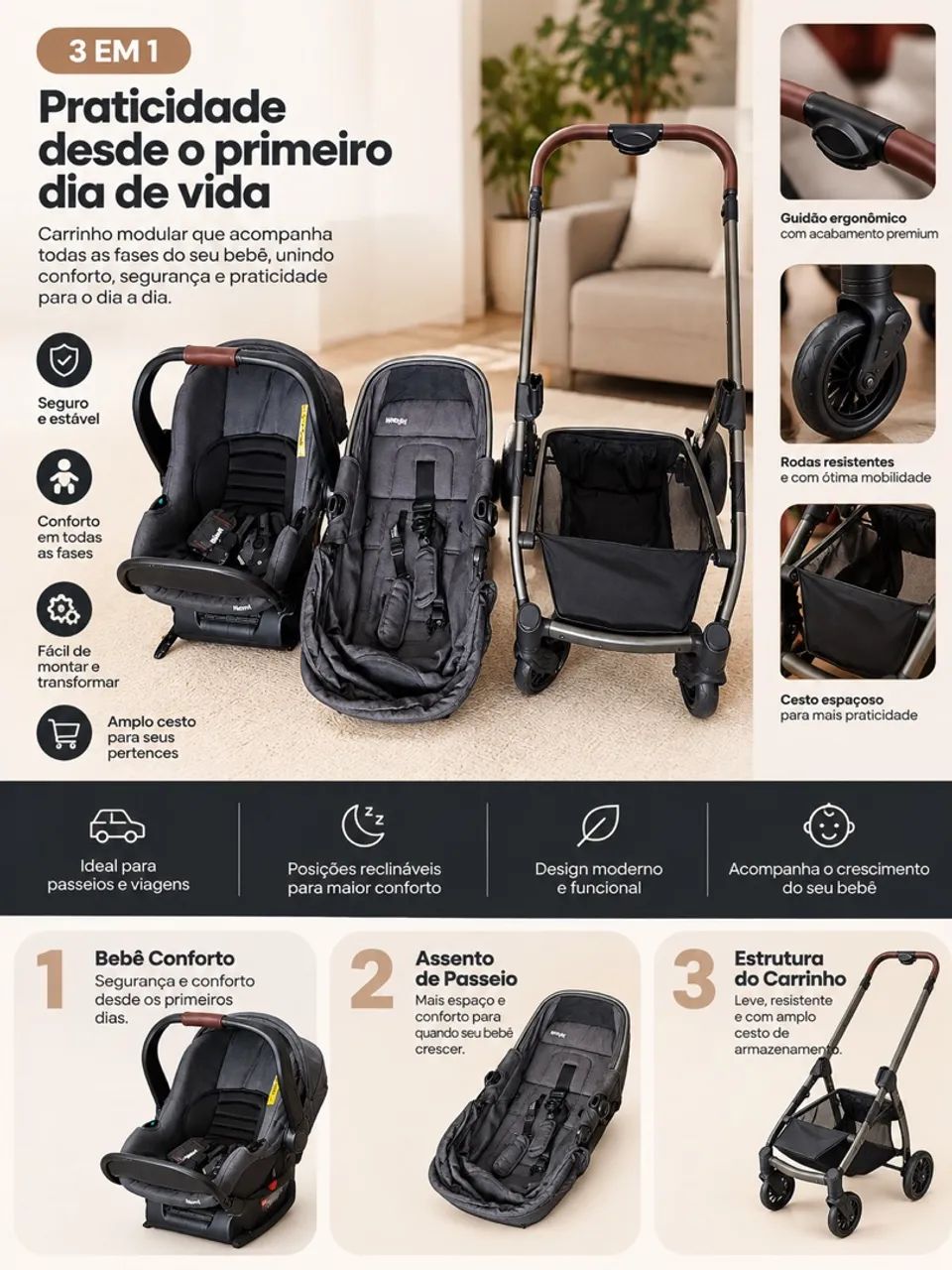 Carrinho de passeio 3 em 1 