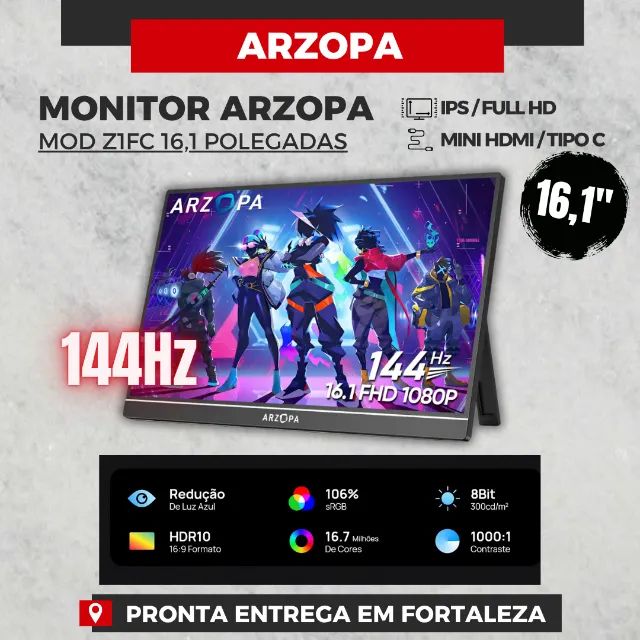 Monitor Gamer Arzopa Z1FC 144Hz 16.1 Polegadas Com alto Falantes