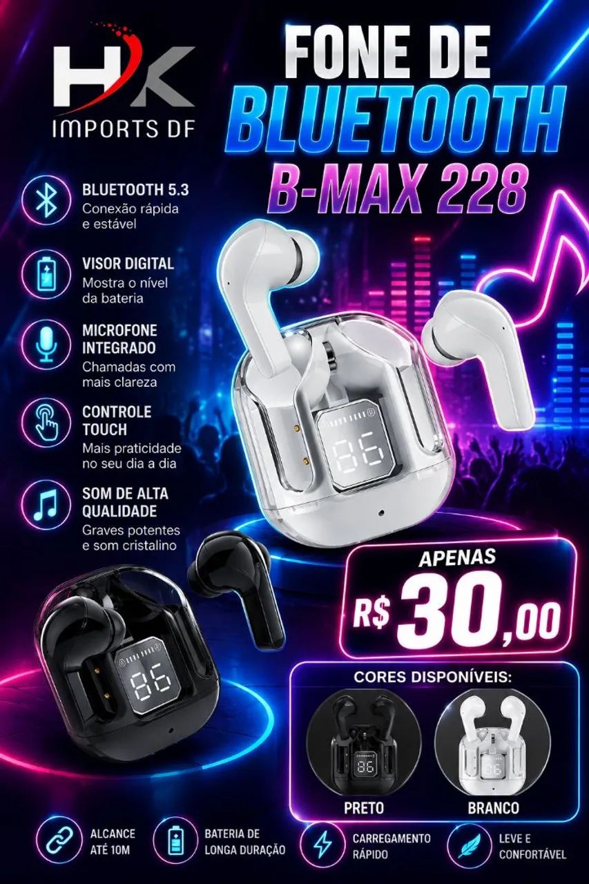 FONE BLUETOOTH B-MAX 228 BRANCO OU PRETO