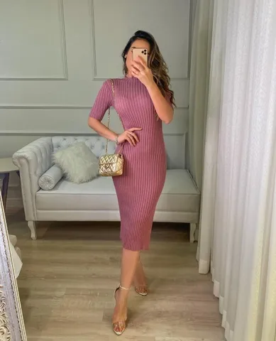 vestido manga curta canelado tricot