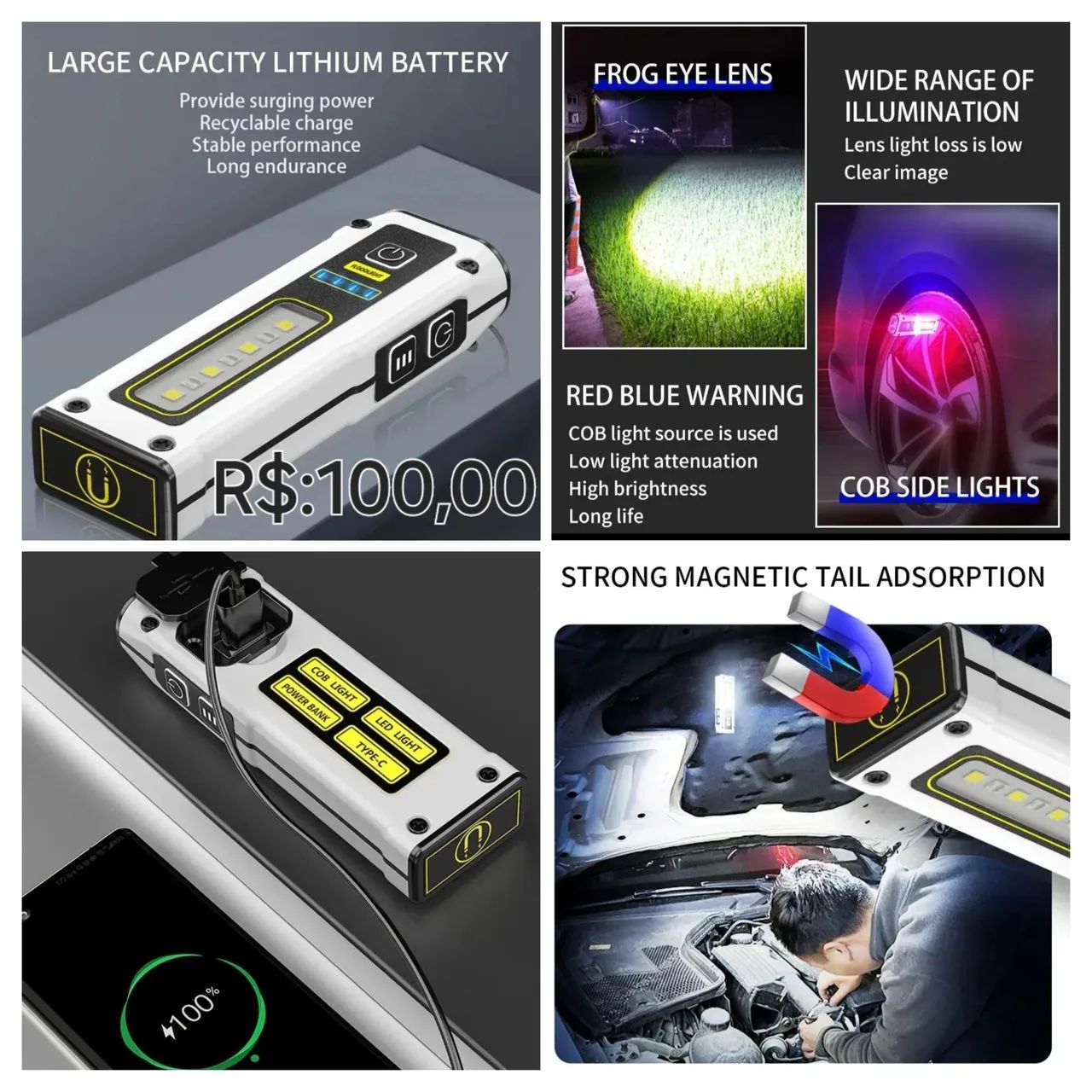 Power Bank + Lanterna 2200mAhp Magnética. 