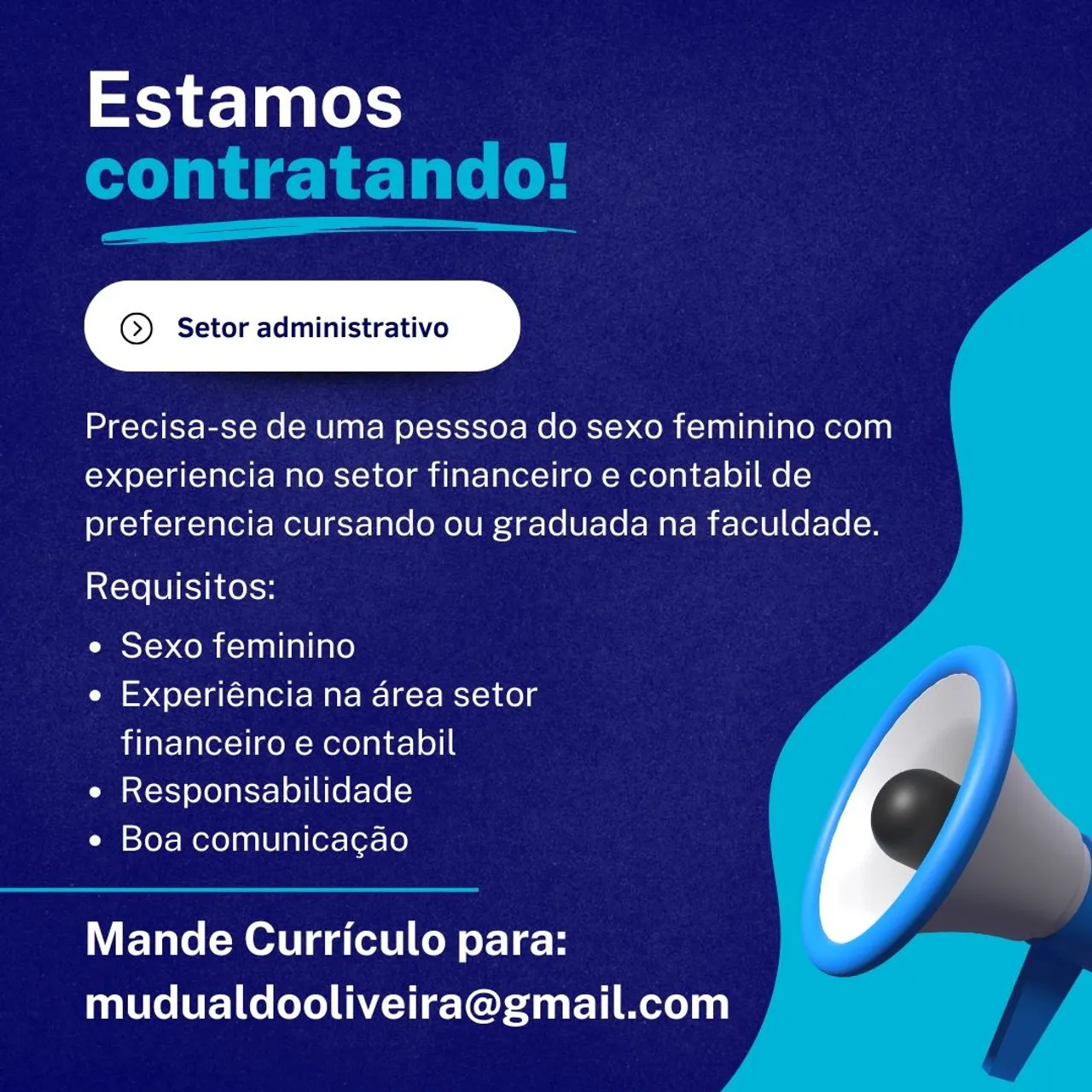 VAGA DE EMPREGO NA ÁREA FINANCEIRO