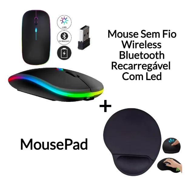 Mouse Sem Fio Wireless Bluetooth Recarregável Com Led + MousePad