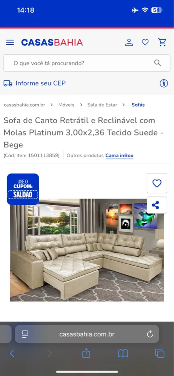 Sofá de Canto Retrátil e Reclinável Bege