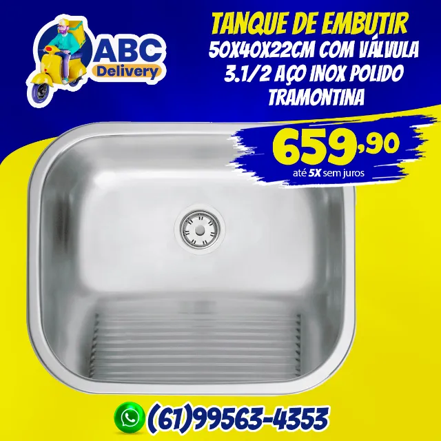 Tanque de Embutir 50x40x22Cm Com Válvula 3.1/2 Aço Inox Polido Tramontina
