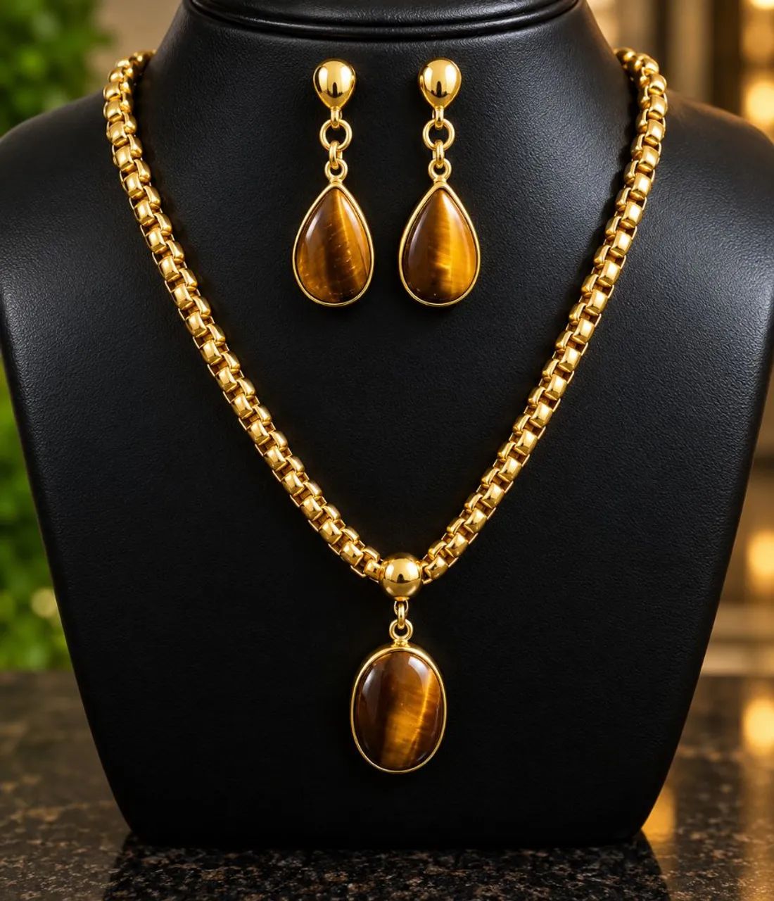 Conjunto Folheado Pedra Natural Olho de Tigre 