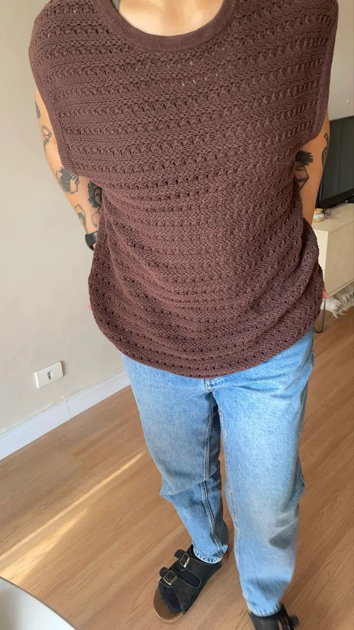 Colete marrom de tricô oversized - Foto 2