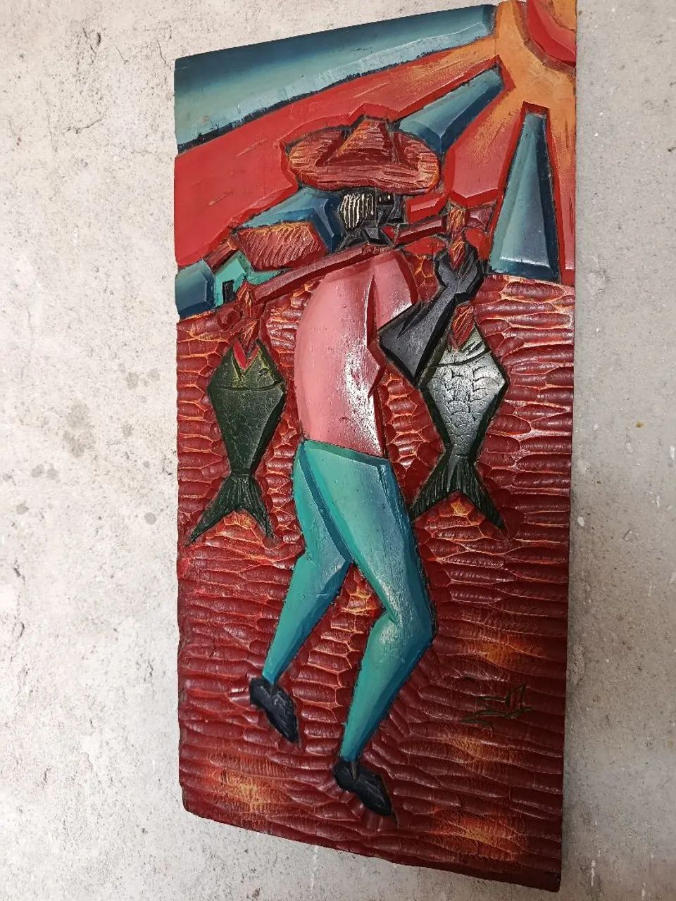 Quadro decorativo pescador entalhado na madeira. - Foto 4