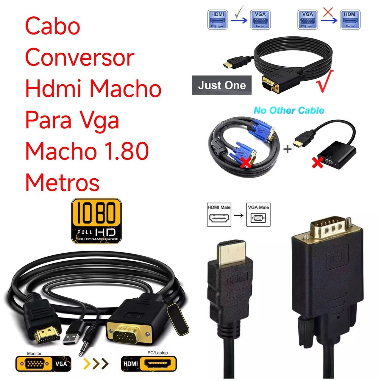 Cabo Conversor Hdmi Macho Para Vga Macho 1.80 Mts