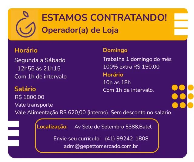 Vaga operador de loja Batel/Centro