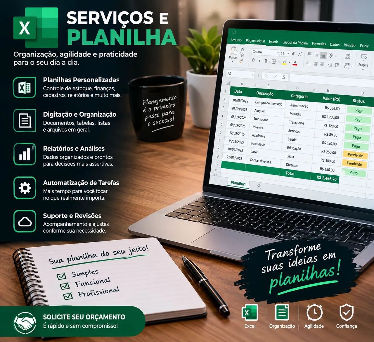 Serviços de digitação e organização de planilhas 